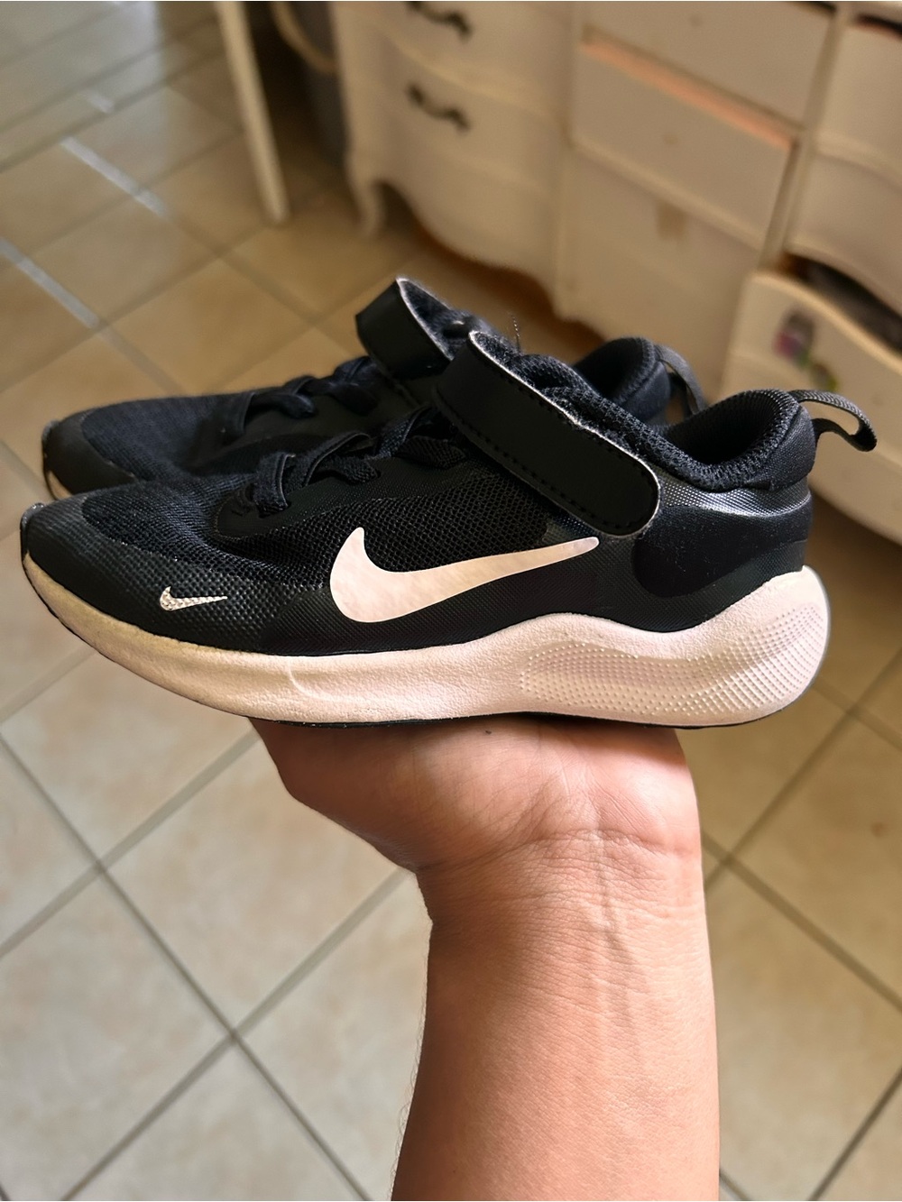 Nike Kids Black and White Velcro Sneaker with Signature Swoosh